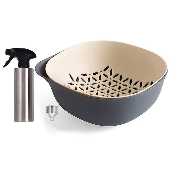 

storage baskets kitchen colander 2 in 1 fruit and vegetable strainer bowl sets gray & olive oil sprayer, stainless steel vinegar sprayer