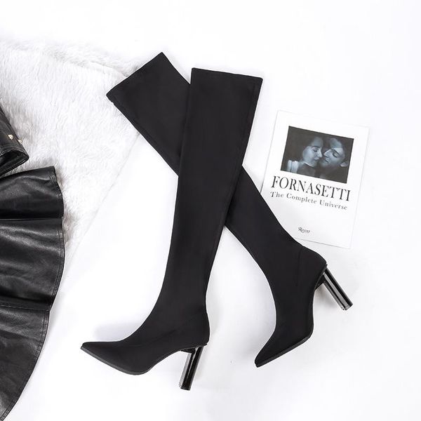 

boots concise coarse with high elastic force socks woman sharp nightclub overknee, Black
