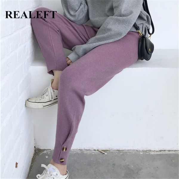 

women's pants & capris realeft autumn winter thicken knitted trousers 2021 vintage high waist solid color warm ladies harem casual fema, Black;white