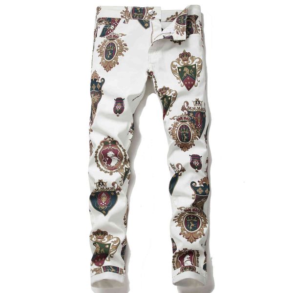 

jeans autumn and winter personalized printed white casual men's slim straight fashion brand hip hop pants, Blue