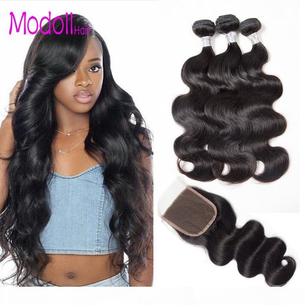 

brazilian body wave virgin hair bundles with closure 4pcs human hair bundles with closure 8-32 " unprocessed virgin hair extension, Black;brown