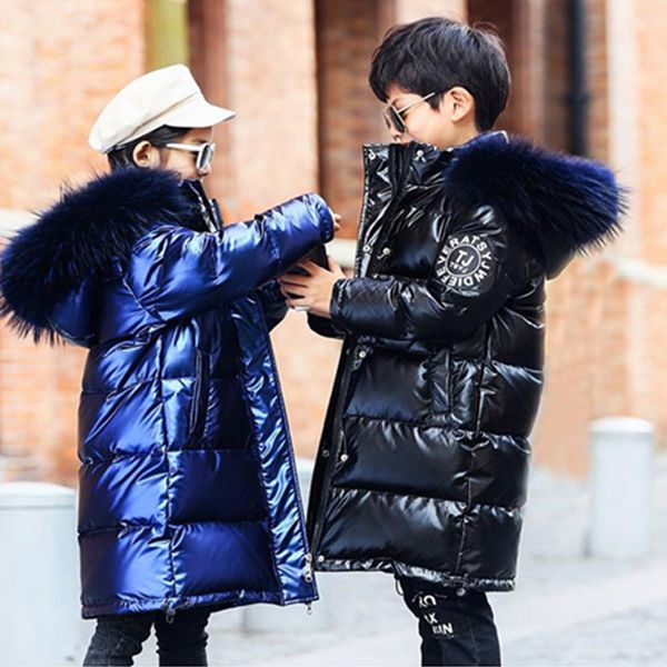 

2021 new white duck down rucksack warm winter children outerwear to boys real cover in the open air dwaterproof water parka clothes 5xqm, Blue;gray