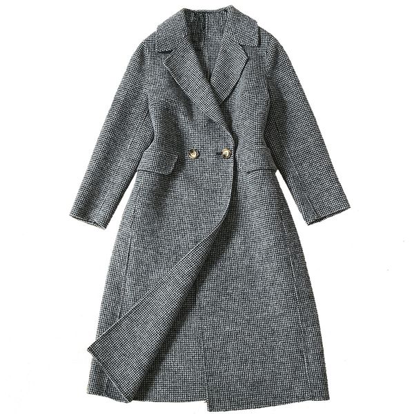 

2021 winter single grey breasted on female long coat dressed with pockets black wool 02sc, Tan;black