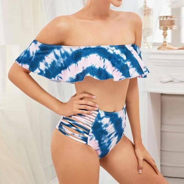 

tie-dye print ruffle two-piece swimwear for women bikini set ladies swimsuit beachwear summer casual swimming bathing suit
