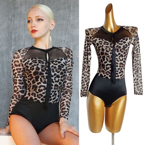

latin dance long sleeve dance leotard women fringe leopard latina practice salsa ballroom dance performance clothes vdb3296, Black;red
