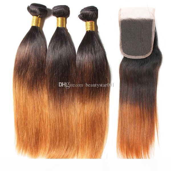 

3 tone peruvian straight hair with closure color 1b 4 27 30 ombre bundles with lace closure 100% human hair weave ing, Black;brown