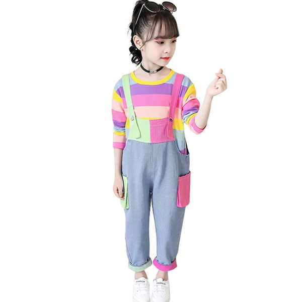 

kids clothes rainbow stirped for girls sweatshirt + jumpsuit outfit casual style children's 210528, White