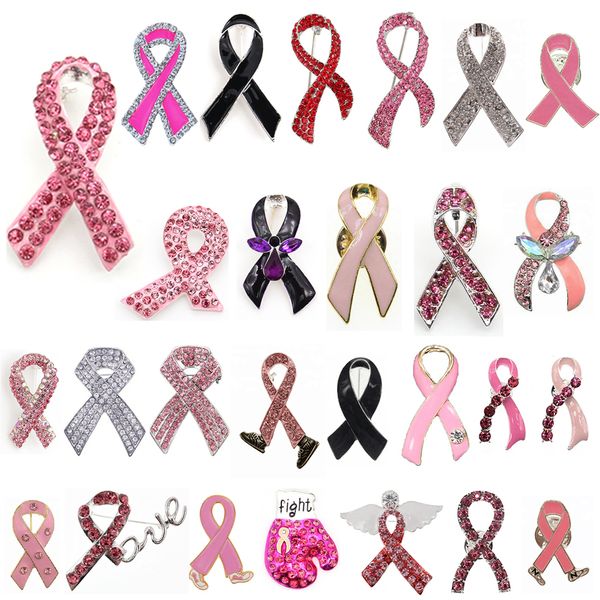 50 PCs/lote Hospital personalizado Broches de fita rosa Câncer de mama Consciência de shinestone Pinos médicos para enfermeira Doctor Gift