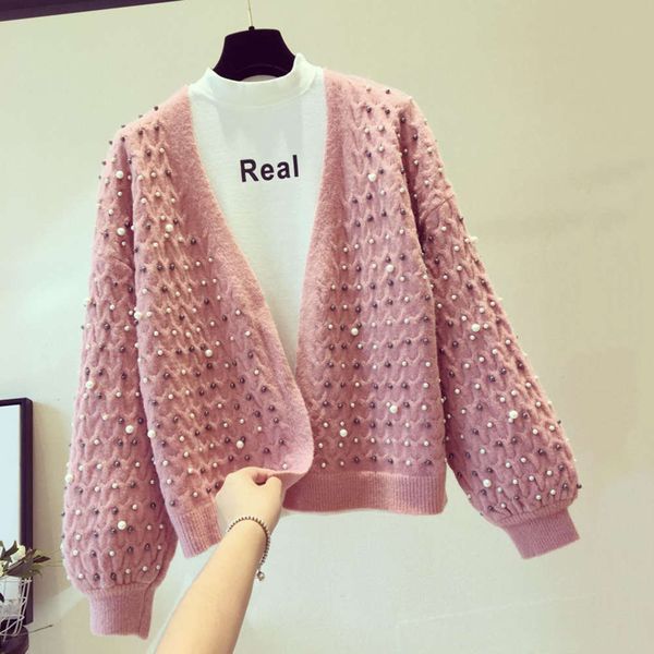 

heavy industry pearl sweater coat for women in autumn and winter, White;black