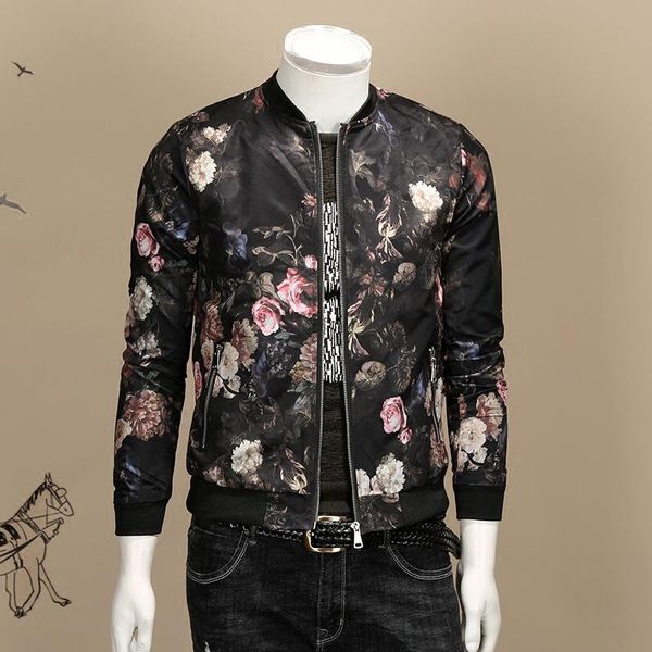 

men's jackets rose print stand collar jacket fashion young, Black;brown