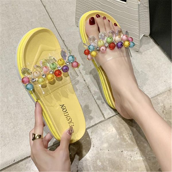 

slippers women's 2021summer fashion wear beaded transparent slides thick bottom muffin lazy antiskid one word cool shoes, Black