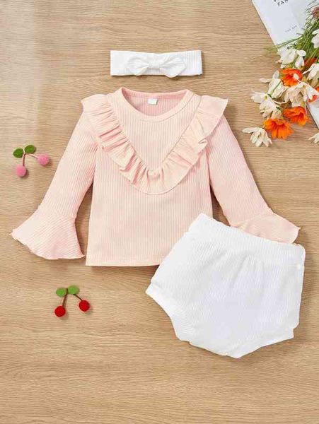 

baby ruffle trim flounce sleeve tee & shorts with headband she, White