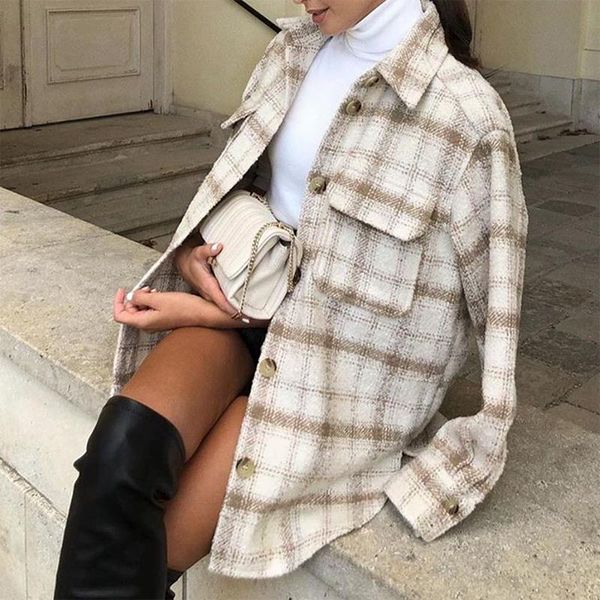 

casual plaid women's loose drop shoulder sleeve button lapel pocket high street style autumn warm shirt 2021, White
