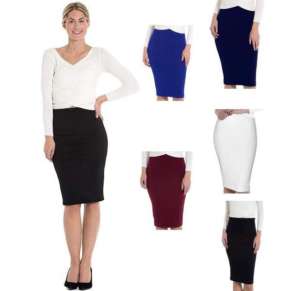 

skirts solid knee-length pencil skirt women fashion elastic high waist office lady bodycon slim hip-pack casual mid s-3xl, Black