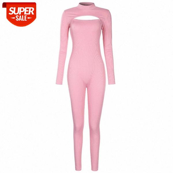 

2020New Solid Strapless Ribbed Jumpsuit Mock Neck Long Sleeve Pullover Cape Women Fashion Casual 2 Piece Set #wj8S, White