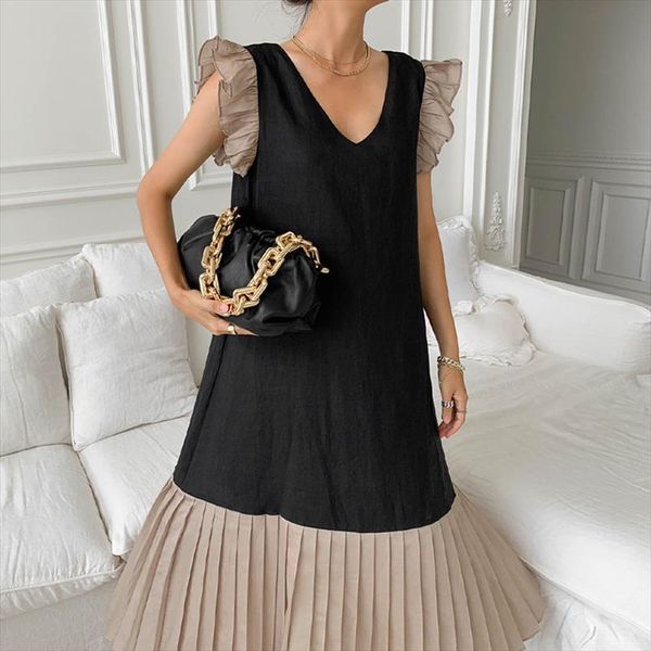 

[ewq] korea summer casual fashion womens dresses v neck double contrast color flying sleeves loose all match pleated dress women, Black;gray