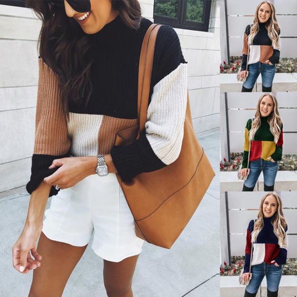 

2021 autumn winter new fashion long sleeve knitted turtleneck stitching sweater women casual pullover warm female sweaters 9r1j, White;black