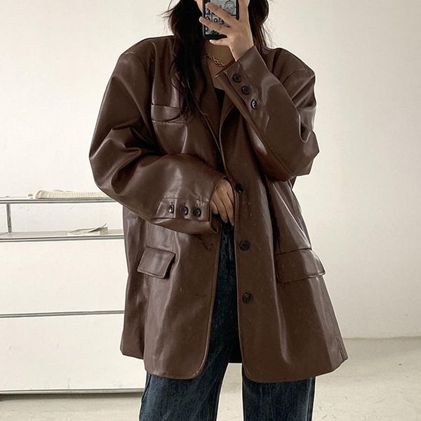 

women's leather & faux loose vintage moto jacket women korean casual outerwear biker chic streetwear business pu female 2021 winter, Black