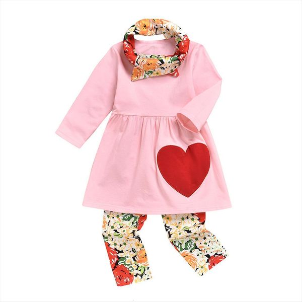 

2 7y valentines day toddler kid girl clothes set long sleeve heart tunic t shirt flower pants outfits children, White
