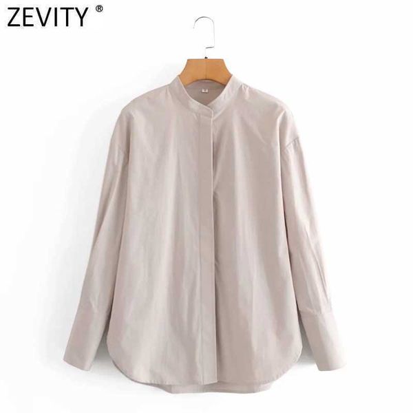 

zevity women simply solid color stand collar casual smock blouse office lady retro single breasted shirt chic blusas ls7532 210603, White