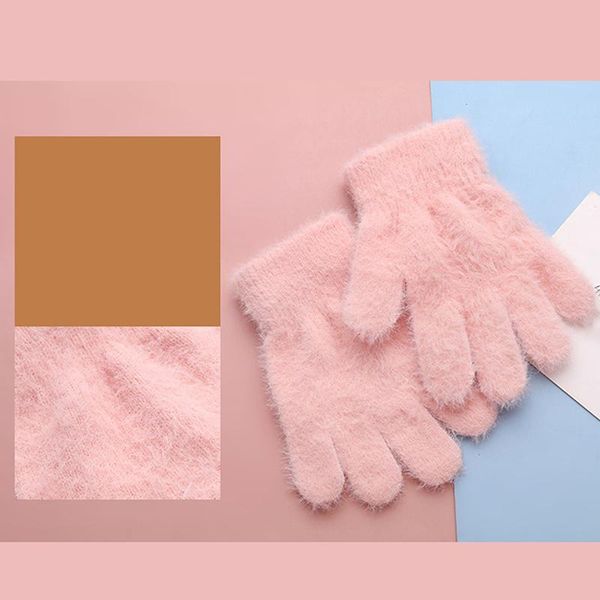 

five fingers gloves winter women plus velvet thick cute coral fleece children plush full finger keep warm mittens kids hand, Blue;gray