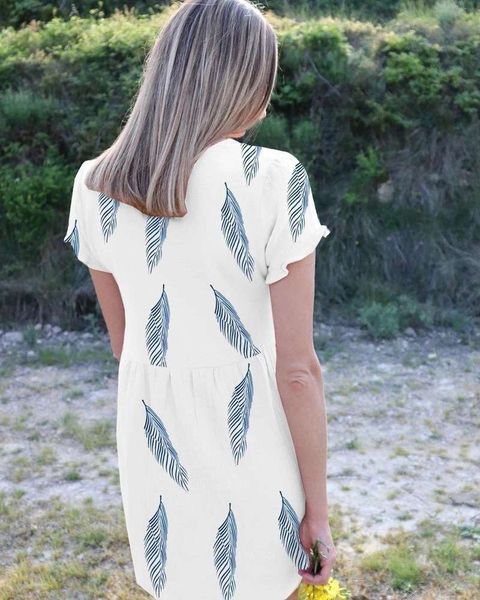 

summer fashion fresh mini v-neck feather print dress, Black;gray