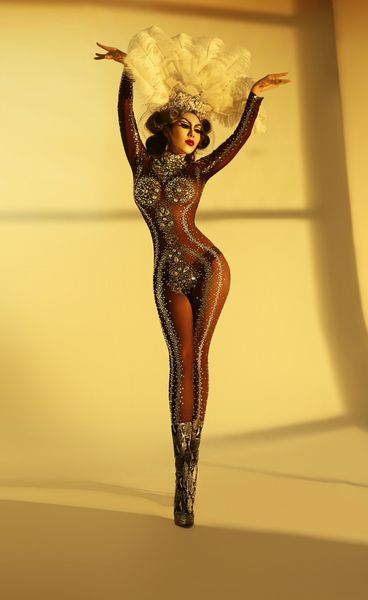 

womens birthday bodysuit sparkly rhinestones stretch brown jumpsuit nightclub celebrate outfit female singer dance stones wear, Black;red