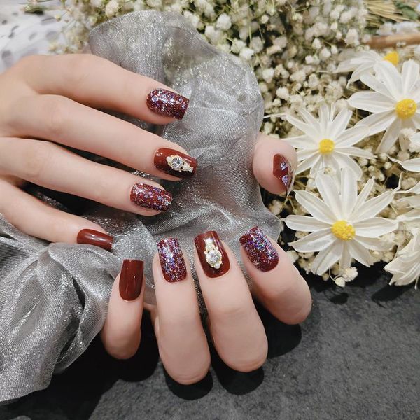 

false nails 24pcs red wine nail patch glue type removable short paragraph fashion manicure save time sswell fake, Red;gold