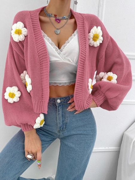 

floral applique bishop sleeve cardigan j2j4#, White