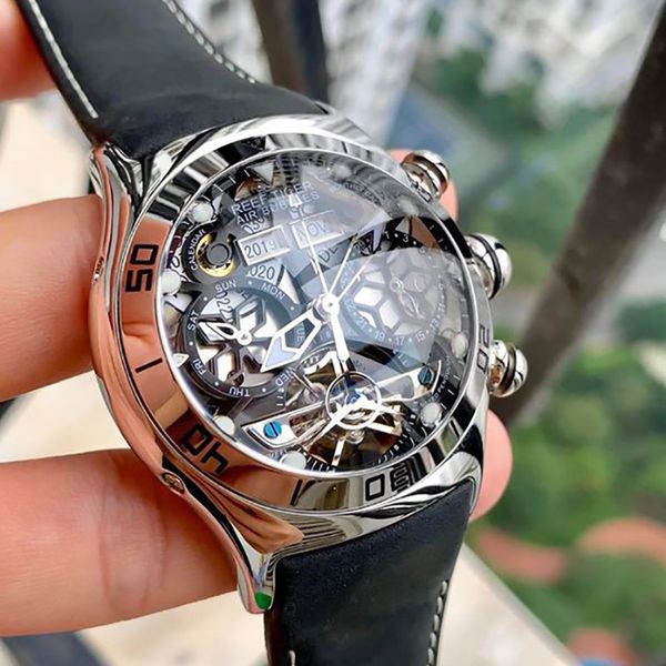 

reef tiger mens sport watches skeleton dial and hands year month date day watch luminous black steel automatic watch rga703, Slivery;brown