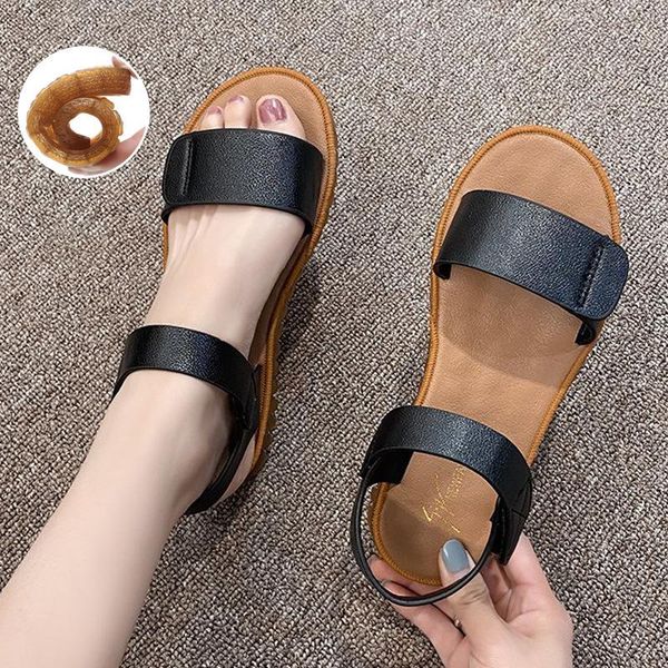 

sandals 2021 summer women's pu hook loop woman flat shoes open toe classic ladies casual rome soft bottom beach, Black
