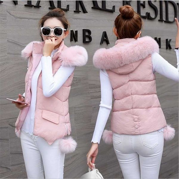 

autumn winter korean women vest new down cotton big fur collar sleeveless jacket vest women hooded fashion warm vest coat 201214, Black;white