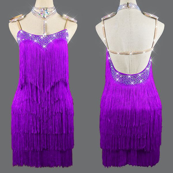

multi fringes latin dance dress backless stage costume tap dance wear samba performance purple latin dress kids vdb2365, Black;red