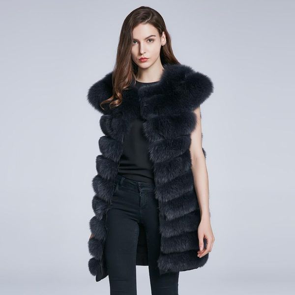

women's fur & faux winter coat natural vest real furry collar tilt stripe warmth fashion 2021, Black