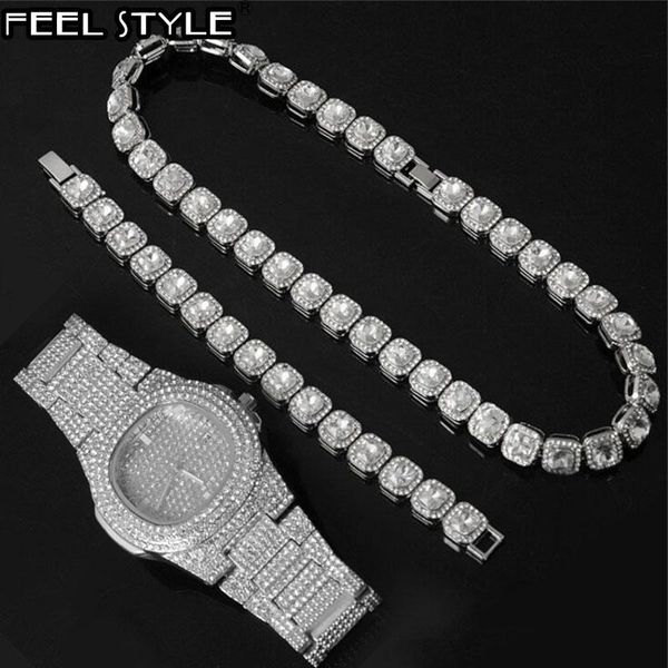 

chains hip 12mm tennis baguette necklace +watch+bracelet hop chain iced out bling paved rhinestones cz for men jewelry, Silver