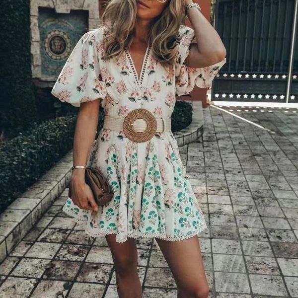 

casual dresses msxu bohemian 2021 women spring summer puff sleeve beach holiday floral print mini dress vintage, Black;gray