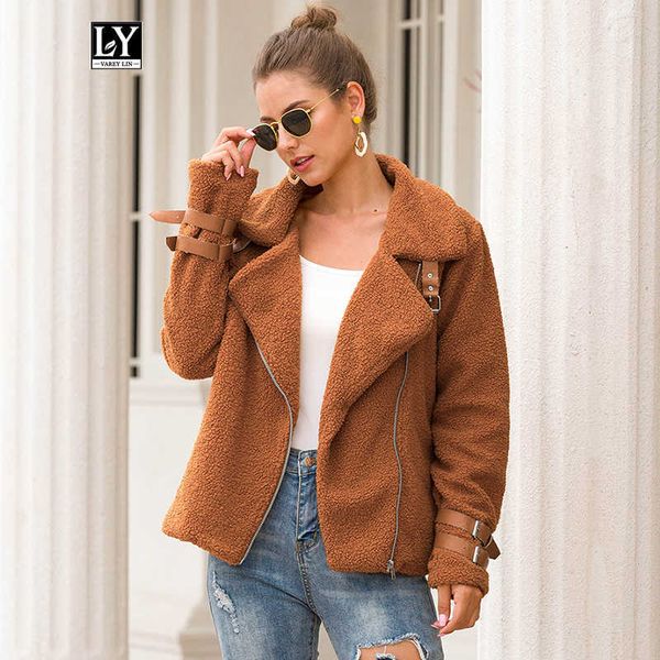 

ly varey lin autumn winter women thick warm faux fur coats turndown collar zipper loose soft jacket plus size 3xl outerwear 210526, Black