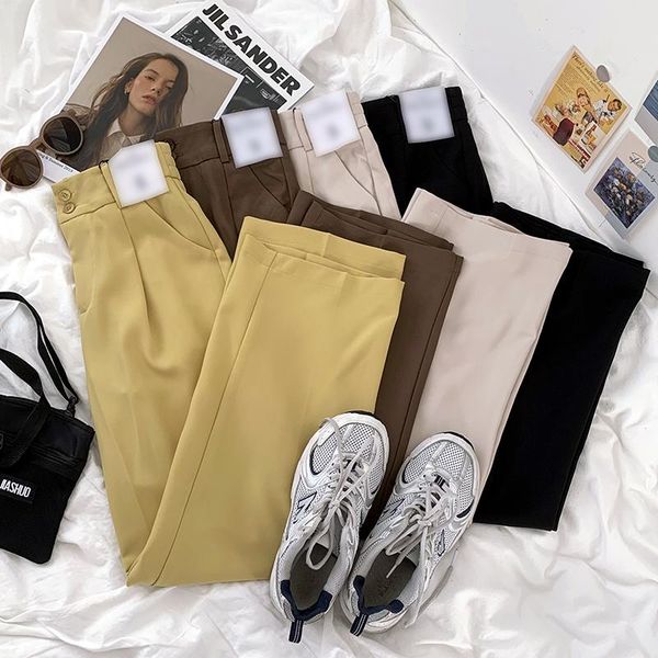 

women's pants & capris 2021 summer women suit pant elastic high waist double button semi loose thin straight long, Black;white
