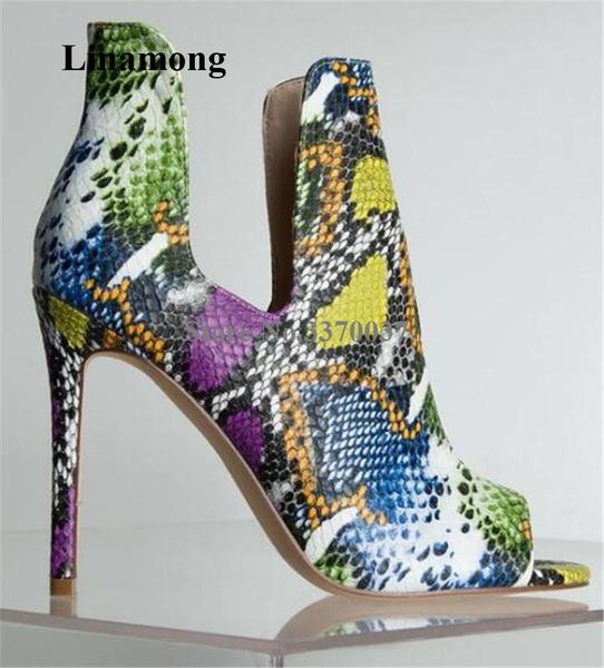 

boots women peep toe snake leather stiletto heel short slip-on printed high ankle booties dress heels shoes, Black