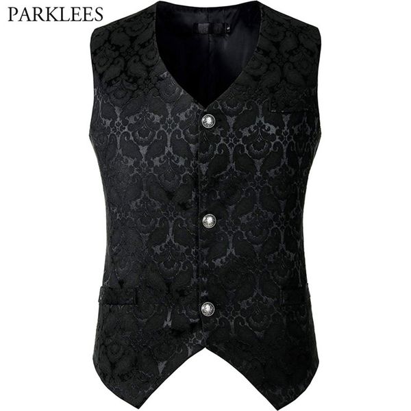 

black steampunk suit vest men gothic victorian single breasted brocade medieval halloween cosplay jacquard waistcoat costume 3xl 210923, Black;white
