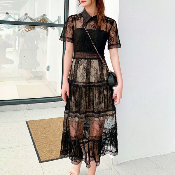 

2021 new fashion perspective black lace women elegant turn-down collar short sleeve runway designer dress g297, Black;gray