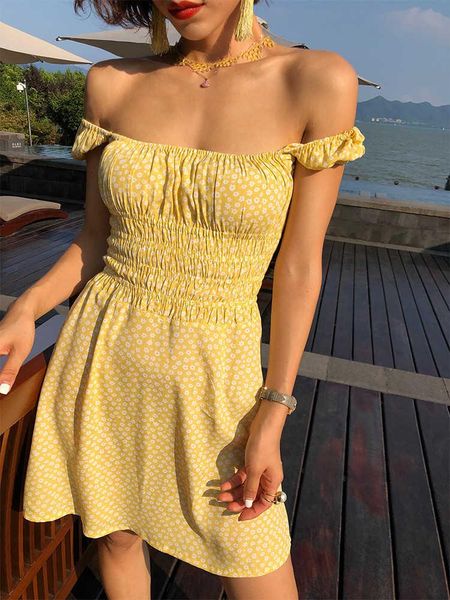 

party dresses silk & viscose women slash/square collar flower printed yellow short mini dress with pleated gathered waist, White;black