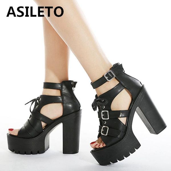 

asileto new 2021 ladies sandals peep toe 13cm block heels thick bottom buckle zip stylish punk lace-up big size 35-42 b2370, Black