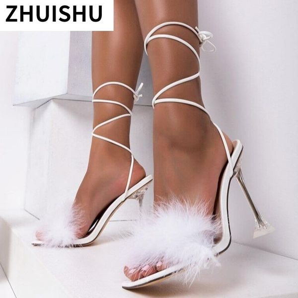 

sandals 2021 summer fashion comfortable square head women furry lace-up open toe casual stiletto heels, Black