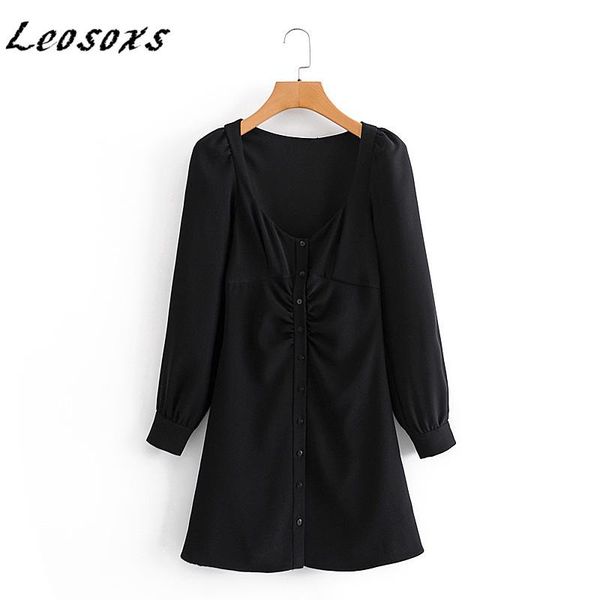 

casual dresses leosoxs simple design single-breasted long sleeve women dress v-neck folds high waist slim a-line short 2021 autumn, Black;gray