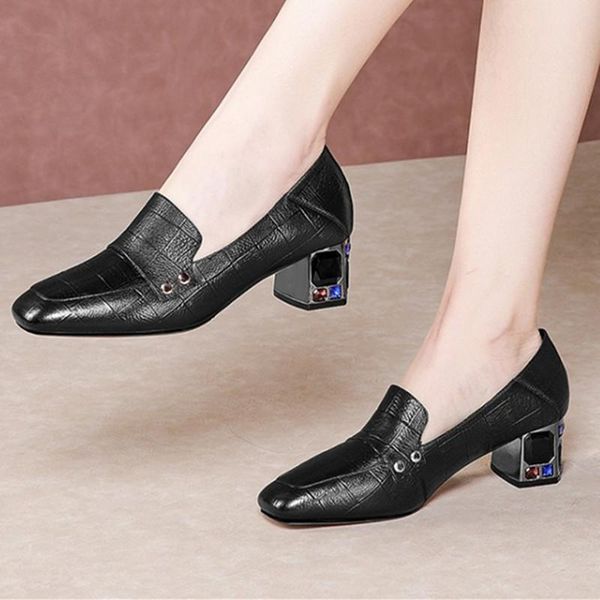 

dress shoes retro crystal med heels genuine leather women pumps square toe party woman spring summer brand office, Black