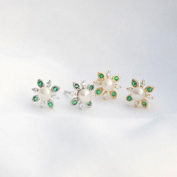 

other s925 sterling silver stud earrings complex pearl emerald zircon hepburn style female, Golden;silver