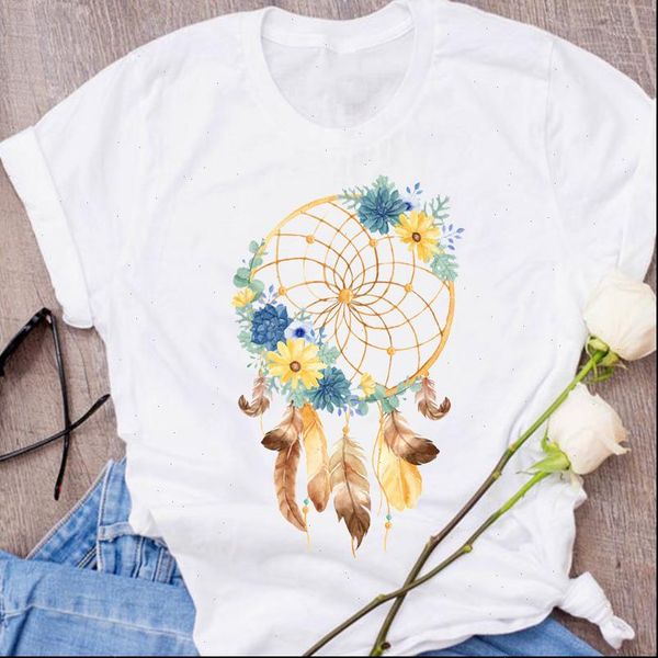 

women graphic feather flower floral watercolor short sleeve clothing 90s clothes lady tees female t shirt womens t shirt, White