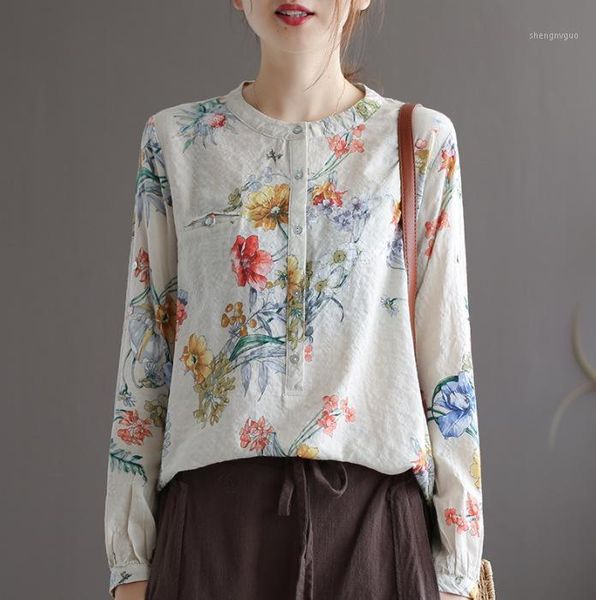 

spring shirt women retro loose stand print casual ladies baoken flower pullovers blouse brierf women's blouses & shirts, White