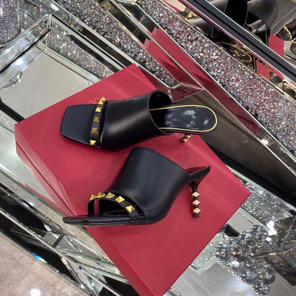 

2021 summer woman slippers genuine leather slippers rivet decora open toes thin heels zapatos de mujer, Black